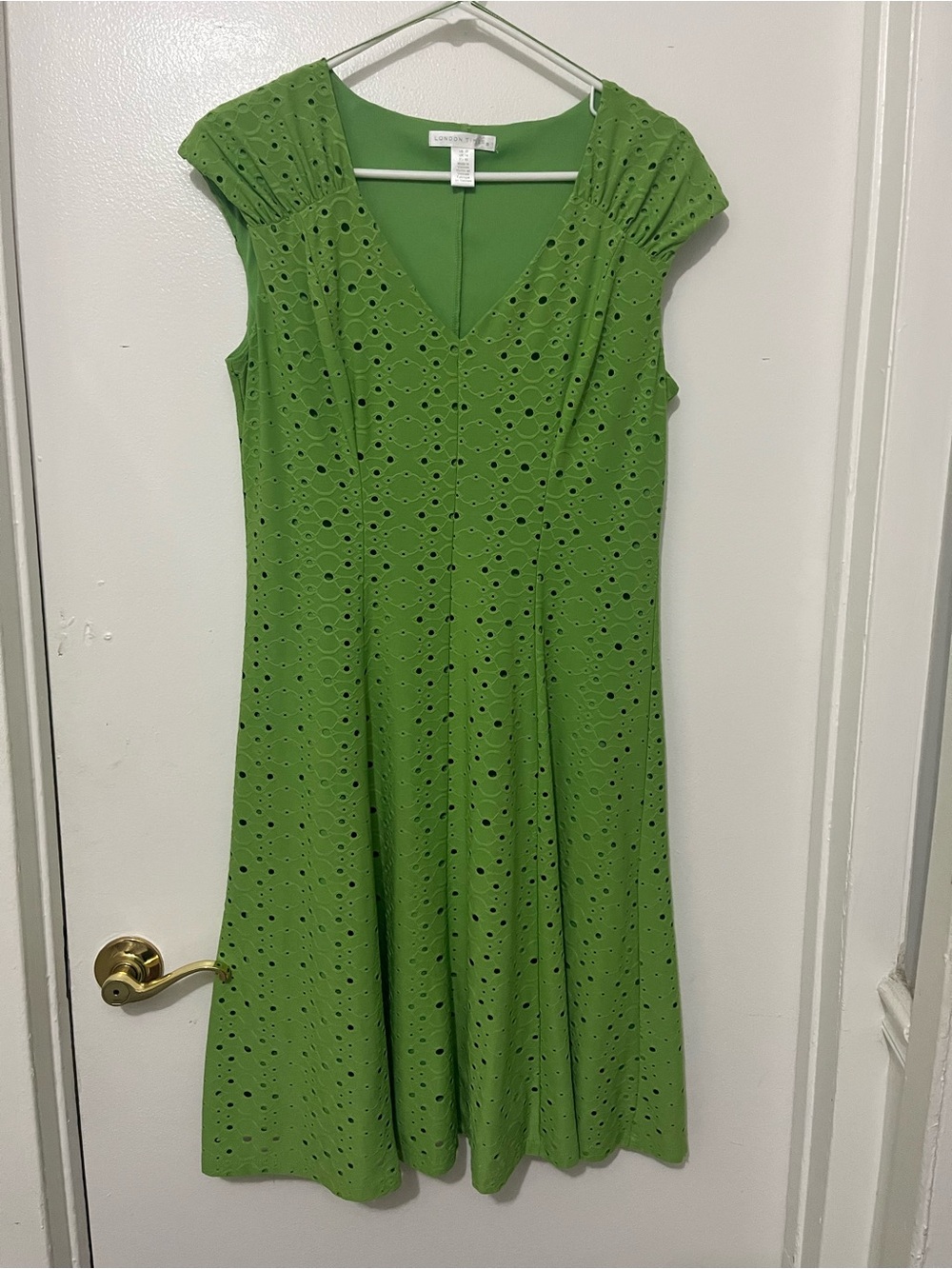 London Times Bright Green Eyelet V-Neck Midi Dress